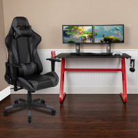 Flash Furniture BLN-X20RSG1030-GY-GG Red Gaming Desk and Gray Reclining Gaming Chair Set with Cup Holder and Headphone Hook